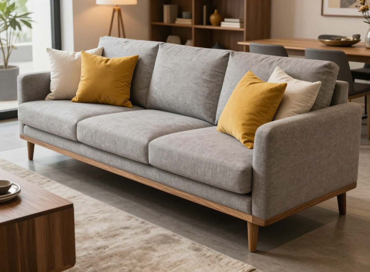 Modern L-shaped fabric sofa with solid teakwood base and legs