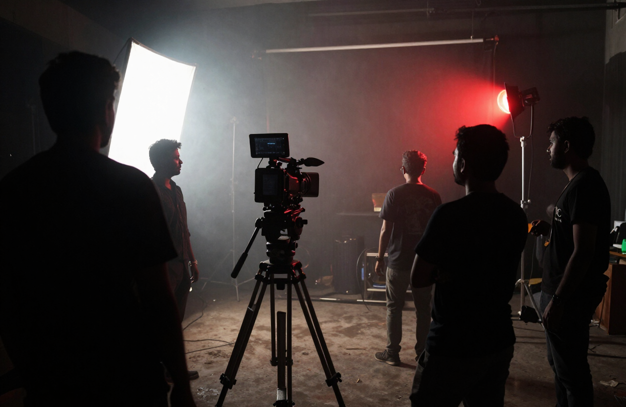 Behind the scenes on a BOMB Media film production set in a Mumbai studio