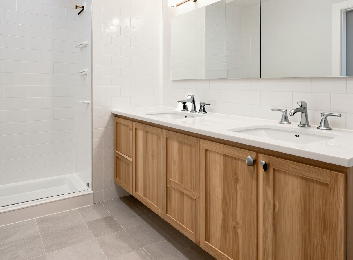 Renovated bathroom with white tile and an oak vanity