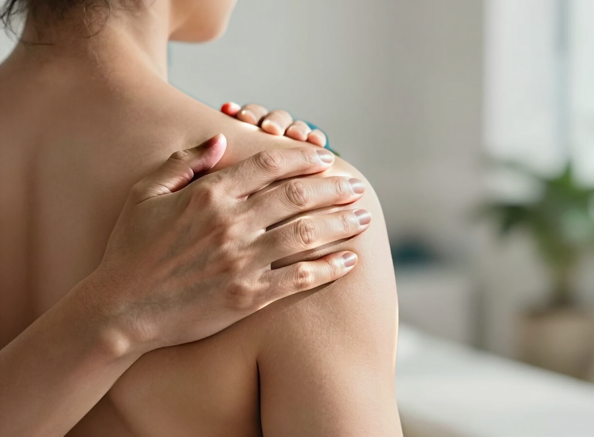 A bare shoulder and upper arm in warm daylight