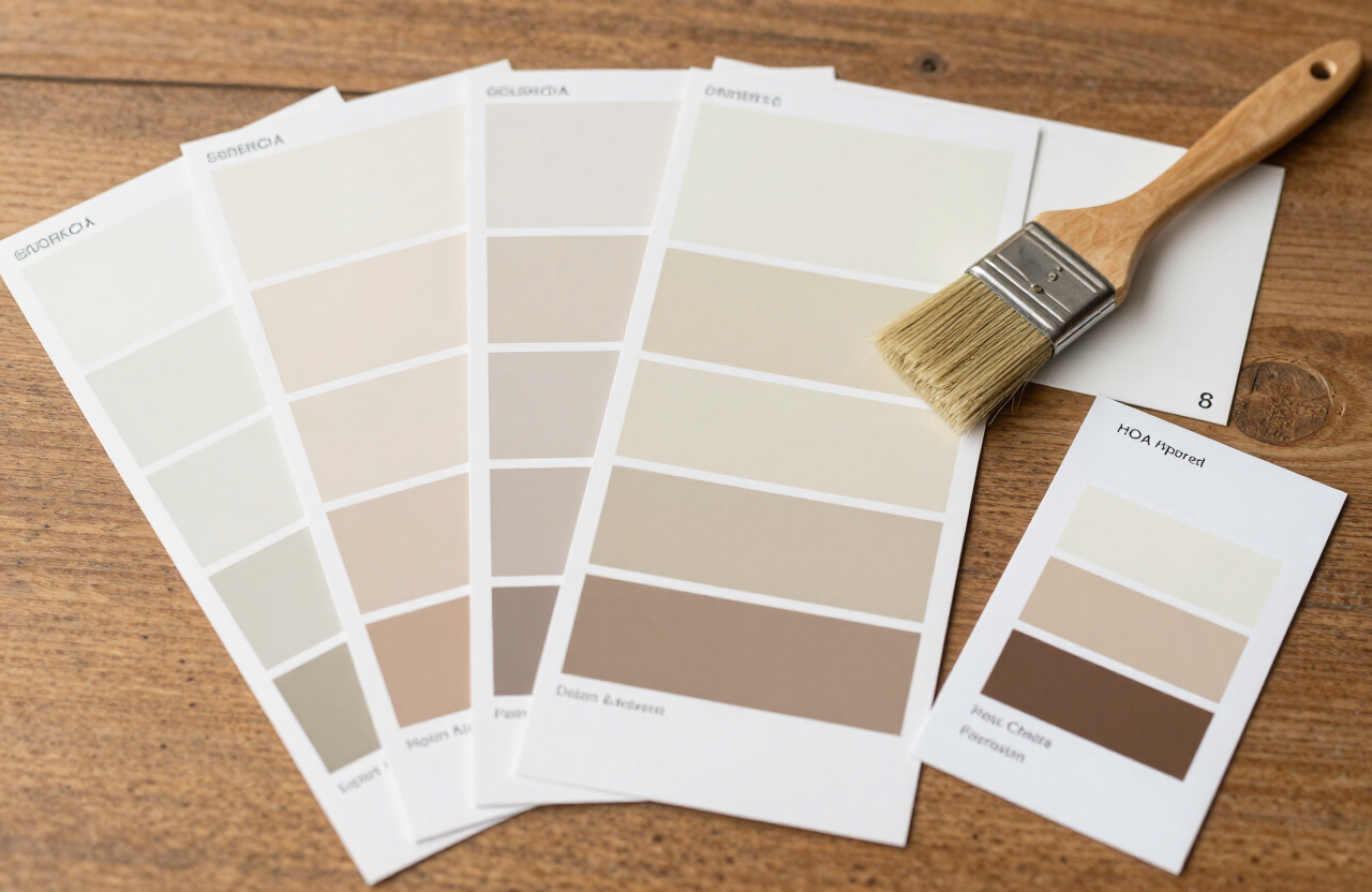 HOA-approved exterior paint color palette swatches in warm neutral tones