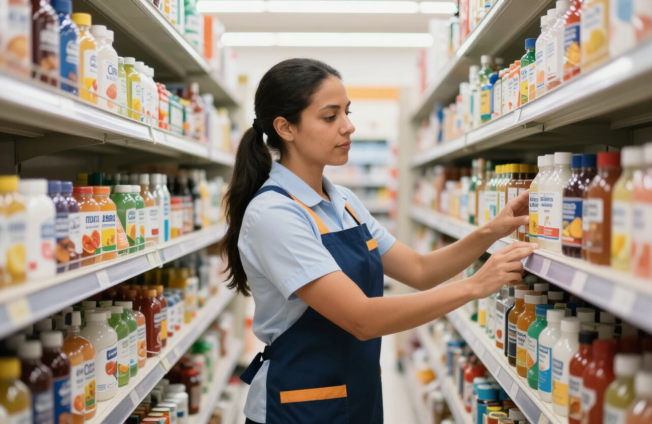 Auxiliar de tienda organizando productos en un supermercado, soluciones de personal para retail
