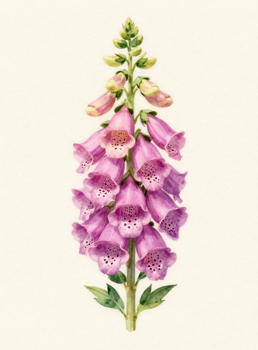 Watercolor painting of a pale pink Foxglove