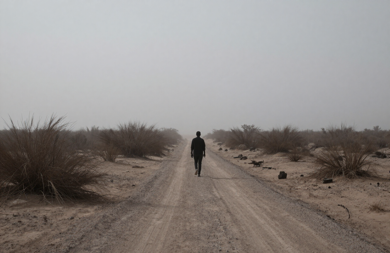 A lone figure walking a narrow path through morning fog