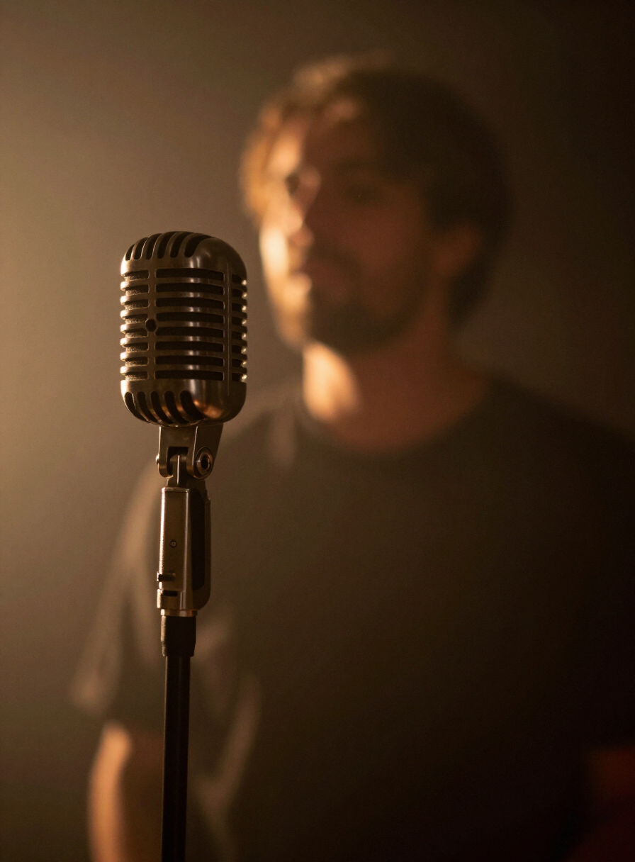 Vintage microphone with a singer blurred behind in smoky amber light