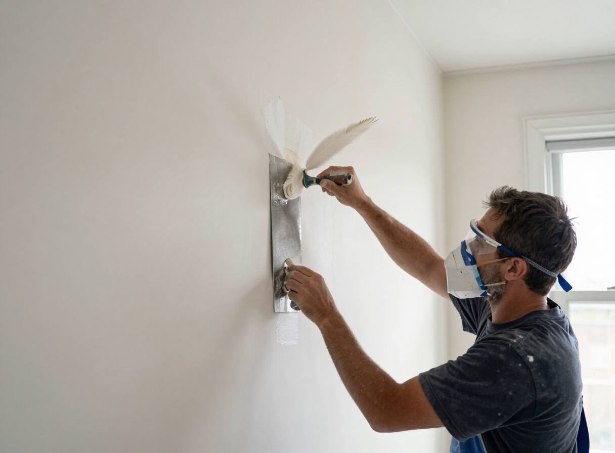 Skim coating in progress on a wall in an older Union City NJ apartment