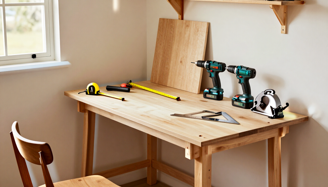 A small home woodworking corner with a simple workbench, basic hand tools, construction lumber, and a plywood sheet in a bright garage with warm natural light
