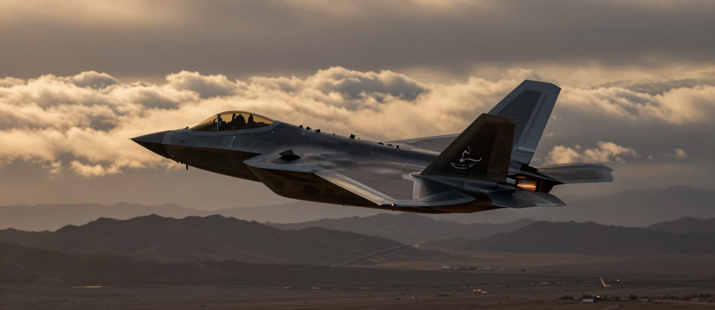 F-22 Raptor banking through golden-hour clouds