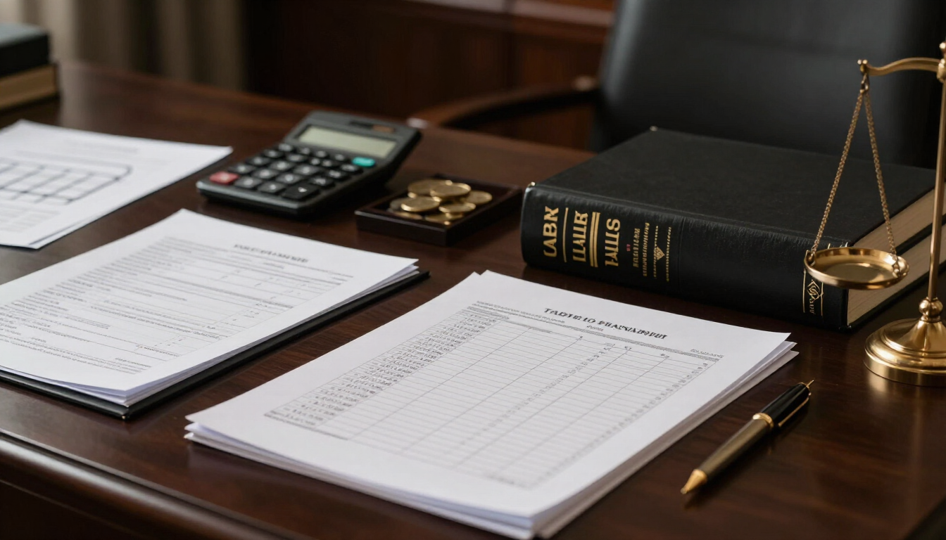 Ambiente institucional de escritório de advocacia: mesa de trabalho com documentos jurídicos, planilhas de cálculo, livros de legislação e caneta dourada