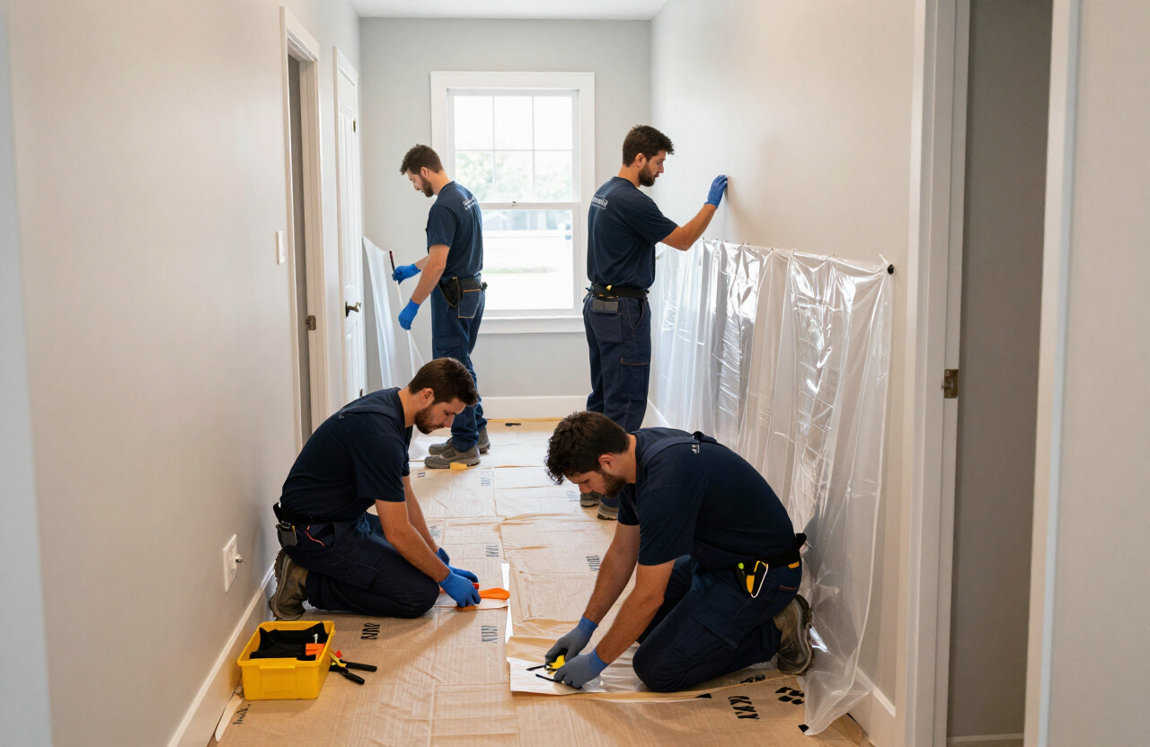 Crew laying floor protection and dust barriers inside a home