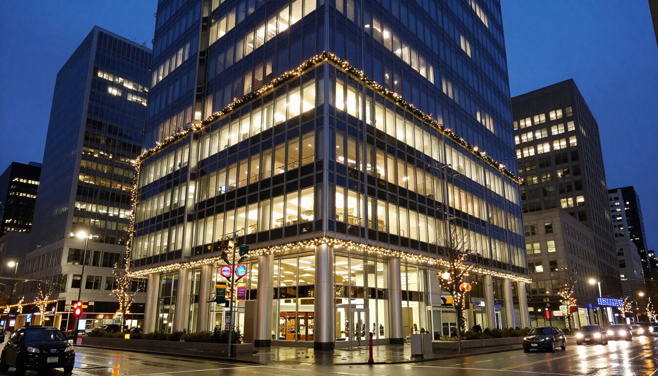 Surrey City Centre Christmas lights with corporate building illumination and full yuletide festive scheme.