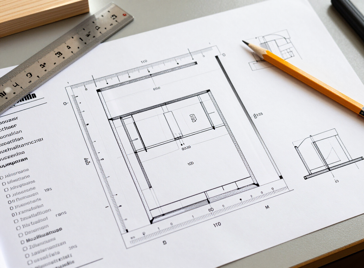 Close-up overhead view of a detailed woodworking plan on paper showing measurements, cut diagrams, a materials list, and assembly illustrations with a pencil and ruler