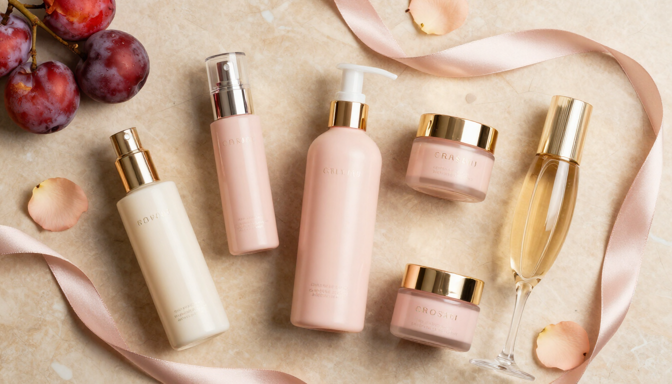 Luxury vanity flat-lay of skincare bottles in cream, blush and gold tones