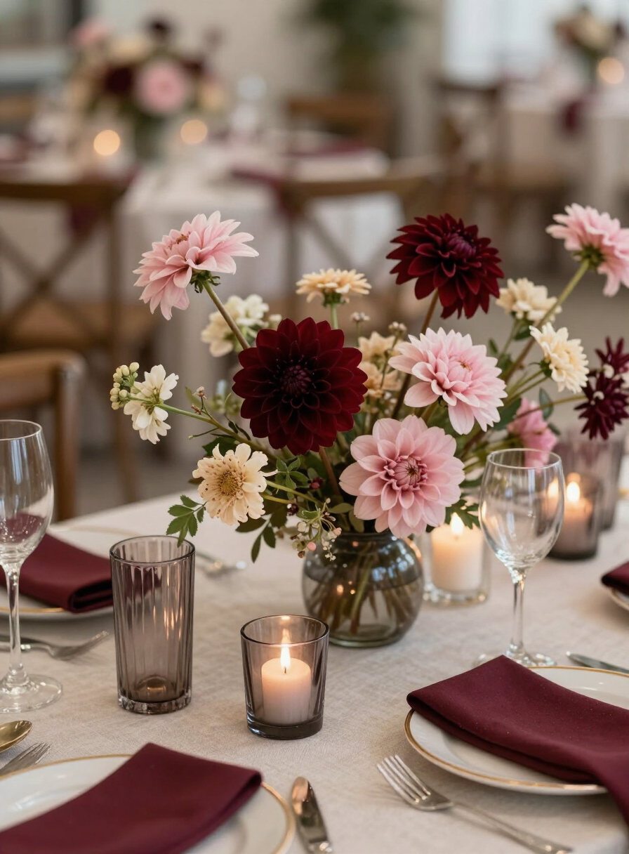 Arreglo floral en tonos vino y rosa para una celebración