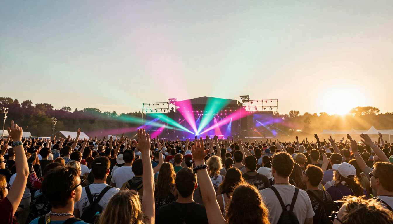 Large outdoor music festival crowd at golden hour with colorful stage lights