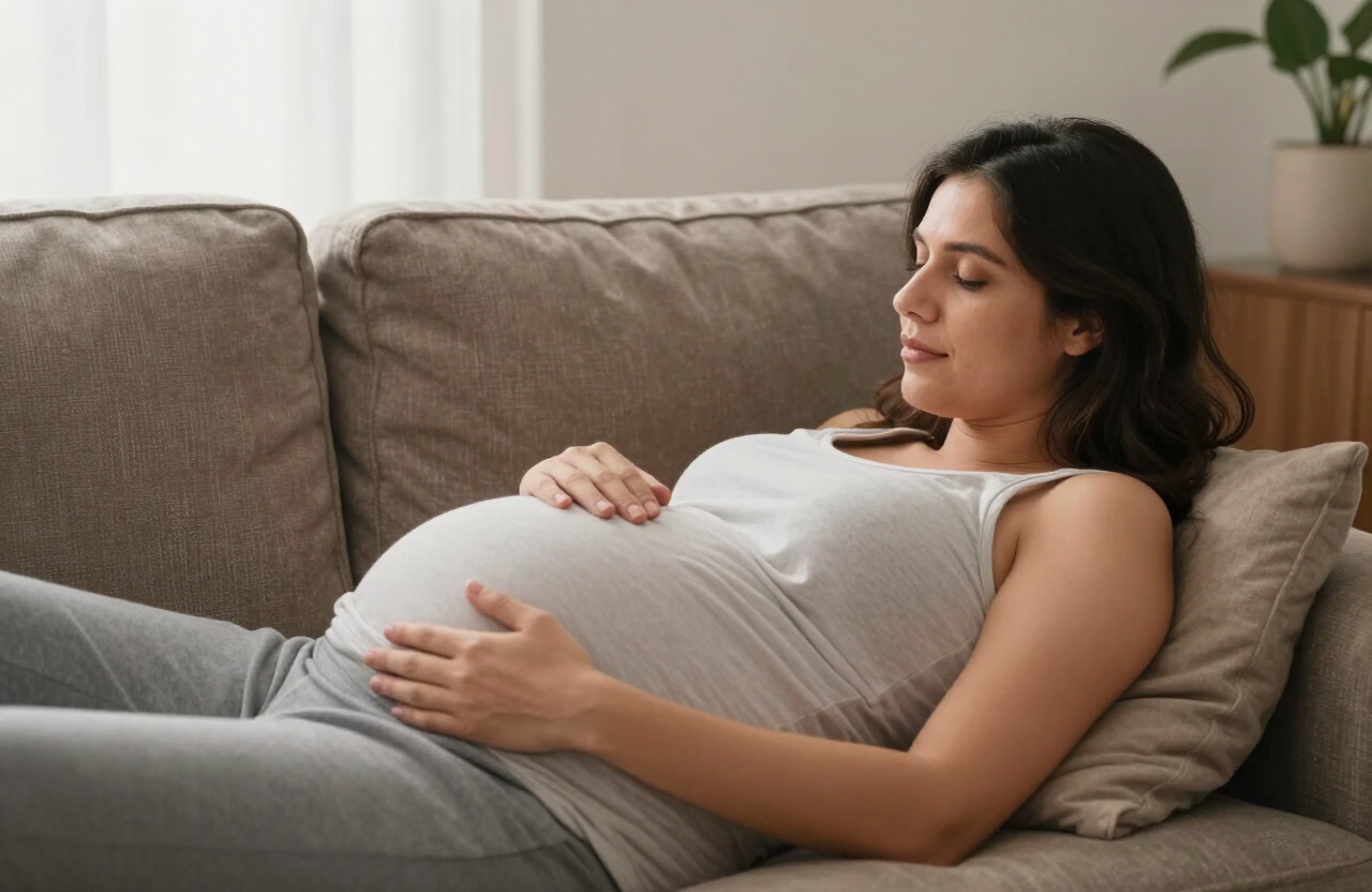 Mujer embarazada de 28 semanas descansando en casa al inicio del tercer trimestre
