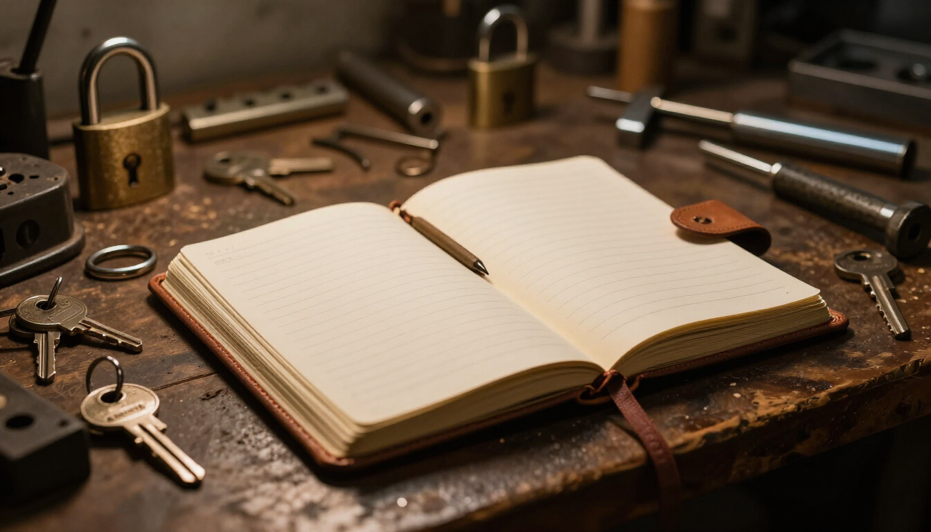Open notebook surrounded by locksmith keys and hardware on a workshop bench