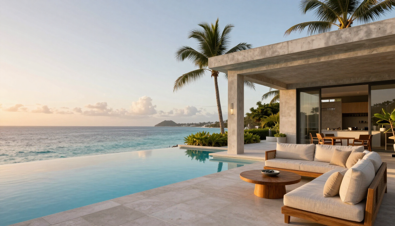 Private villa terrace with infinity pool overlooking the Caribbean Sea in Anguilla
