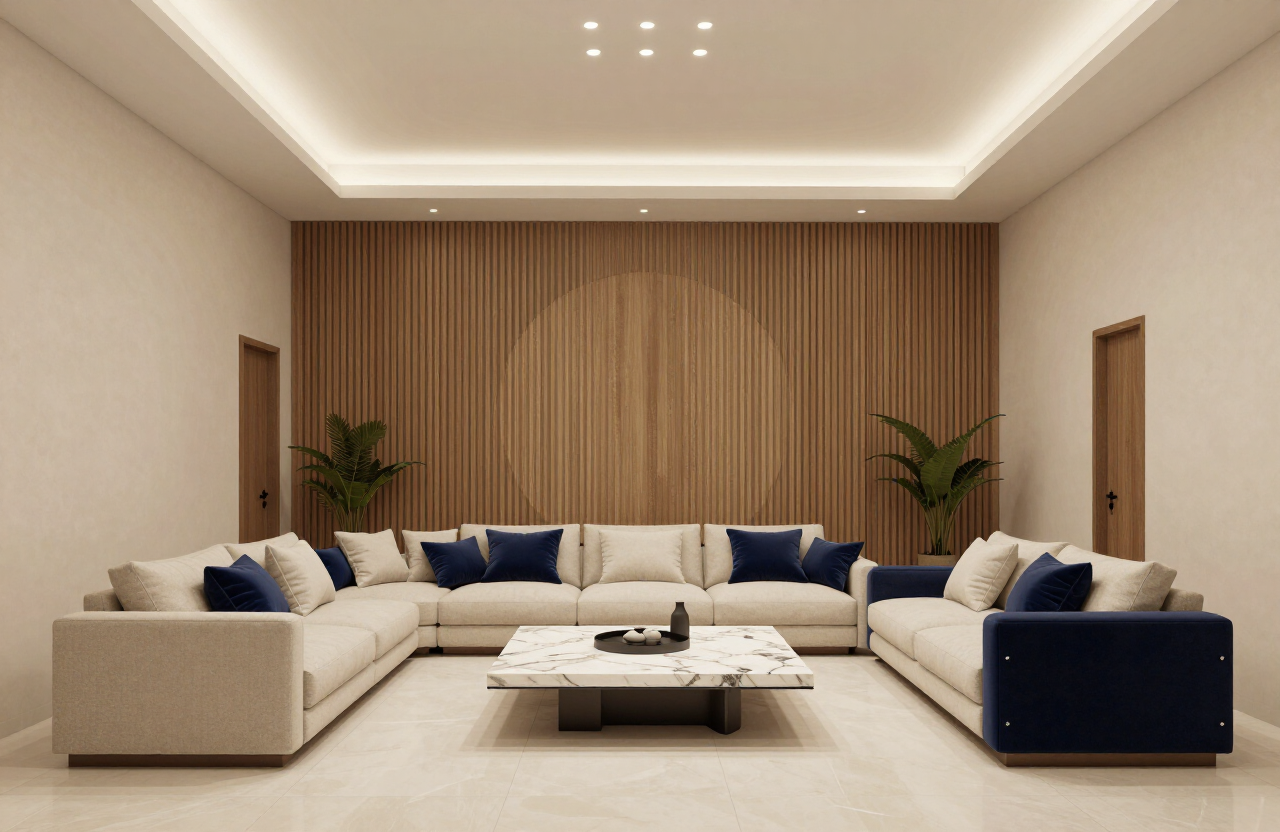 تصميم داخلي ثلاثي الأبعاد لمجلس عربي عصري من بلاتينيوم