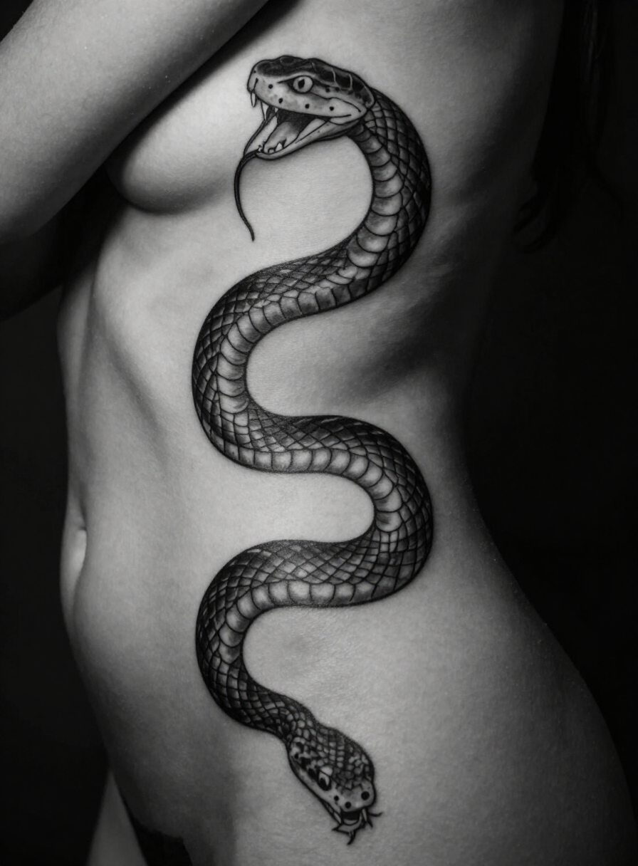 Snake tattoo coiling down a woman’s ribcage and hip