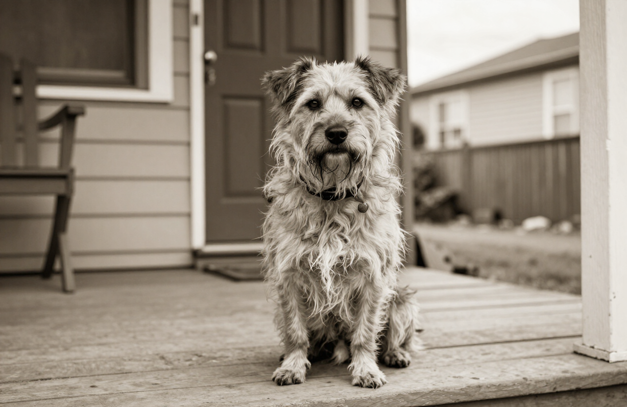 A rescue dog on a porch, in the spirit of Finn