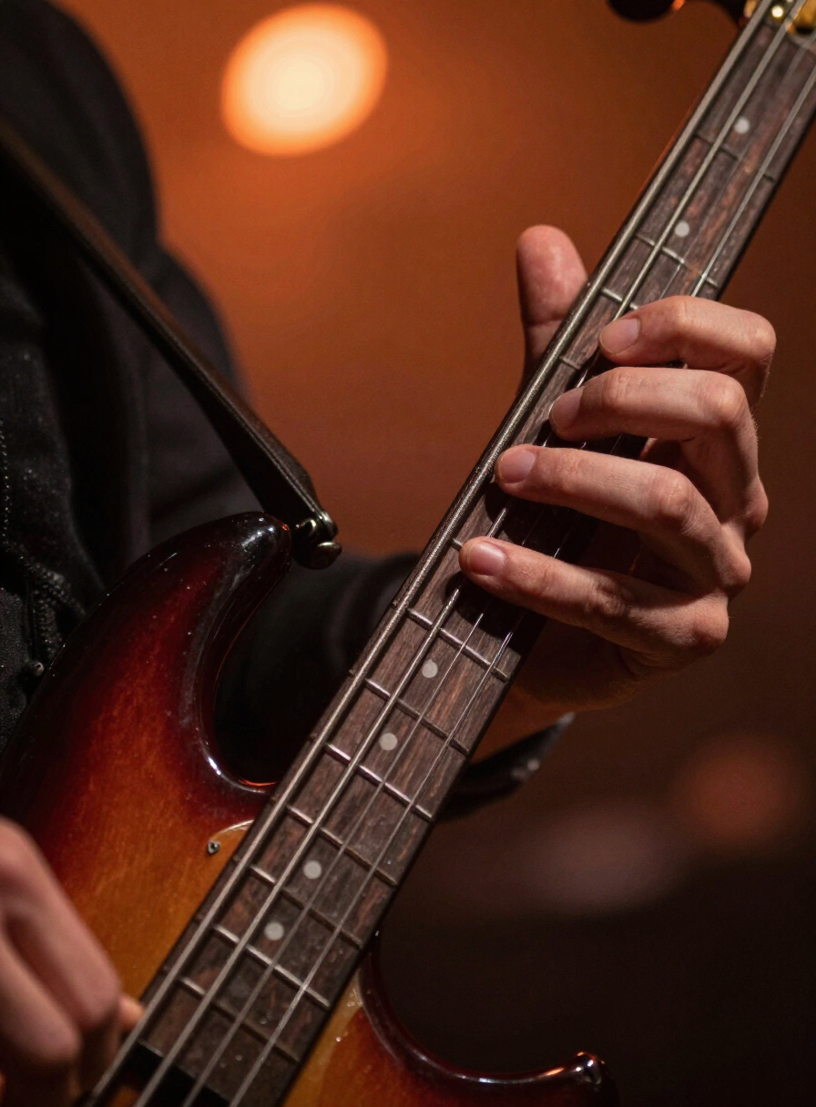 Close-up of a bass player plucking strings against orange stage bokeh