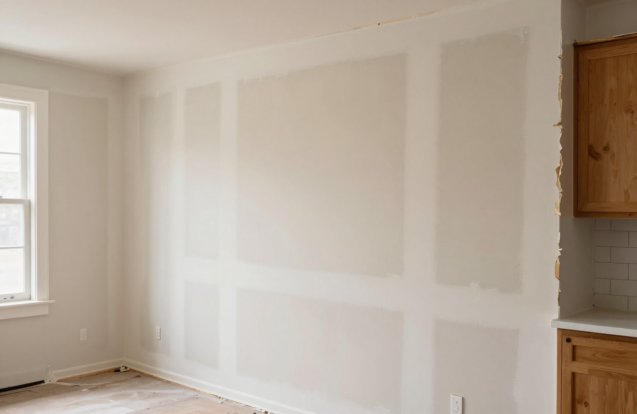 Wall in a Palisade Park NJ home after kitchen renovation with cabinet removal damage before drywall repair