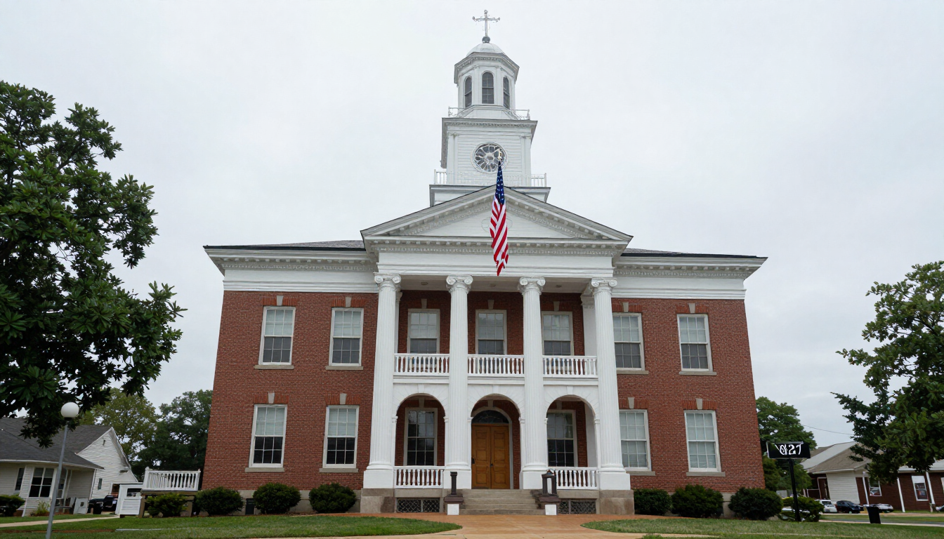 Jackson County Missouri historic courthouse building with American flag