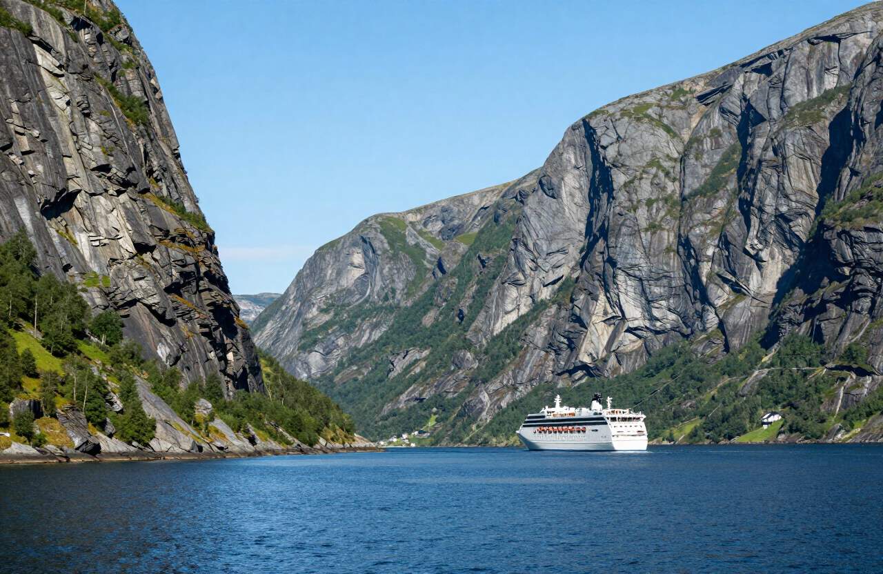 Cruise ship sailing through a dramatic Norwegian fjord