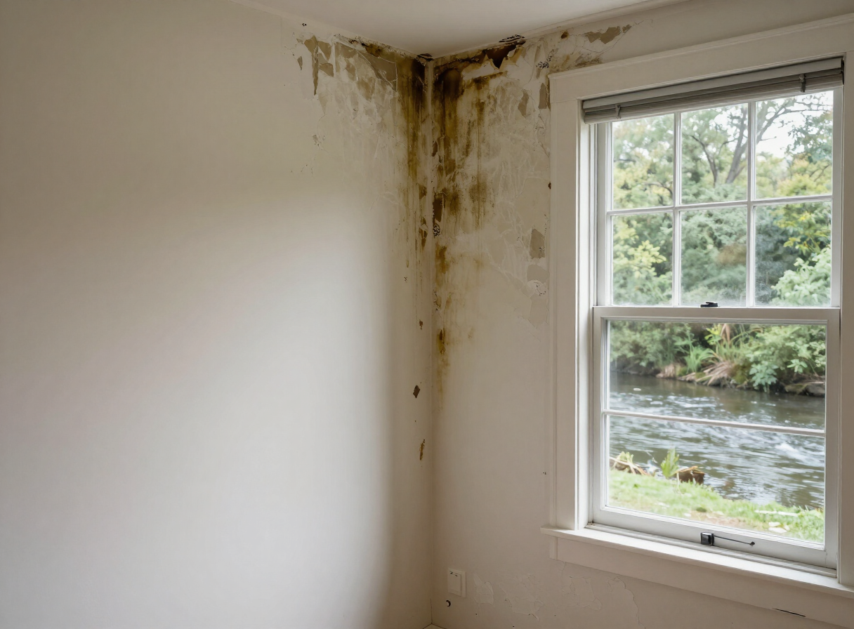 Overpeck Avenue Home (Creek Proximity Moisture Management) — Waterfront Modernization Moisture damage before