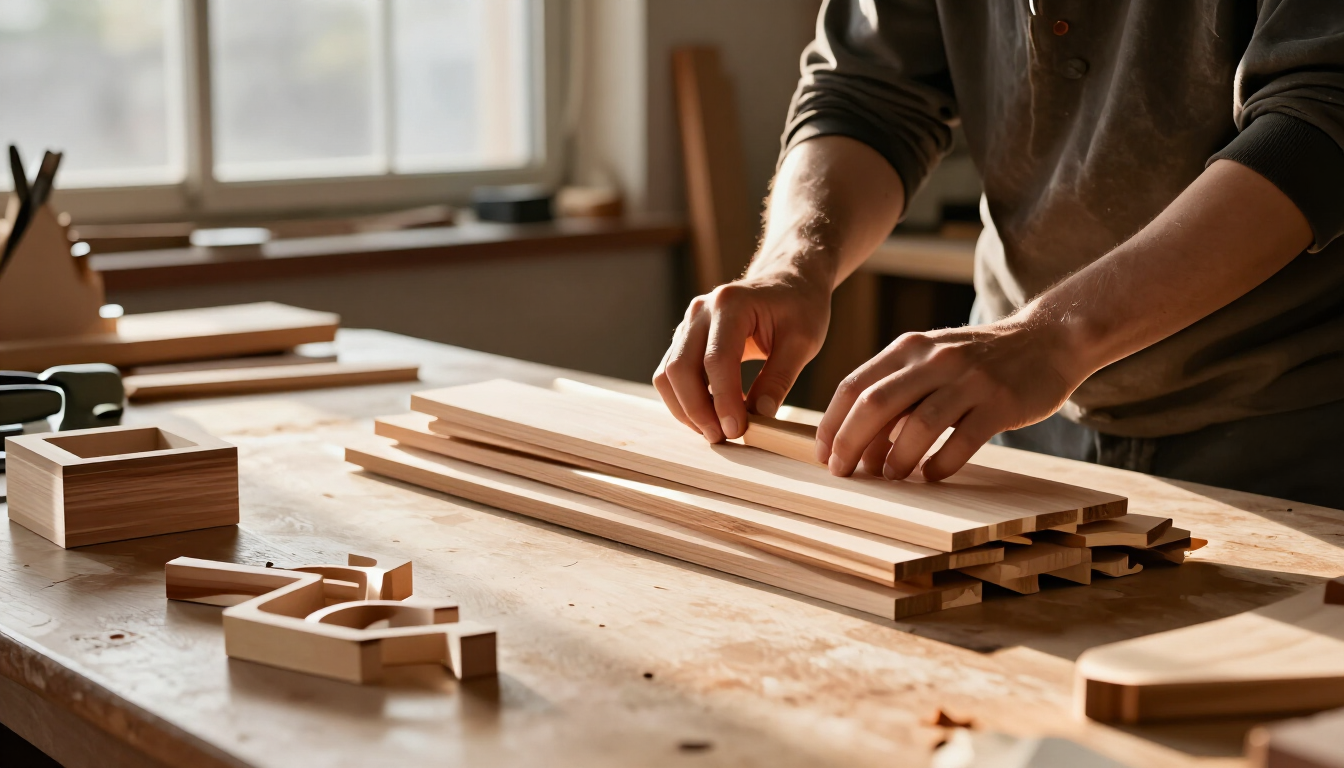 A woodworker's hands sorting through a neatly organized pile of scrap wood pieces on a workbench at golden hour, small finished scrap-wood projects nearby, warm light through a workshop window