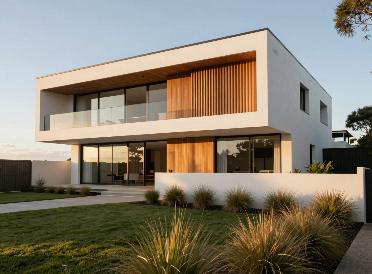 Contemporary light-rendered home framed by native landscaping