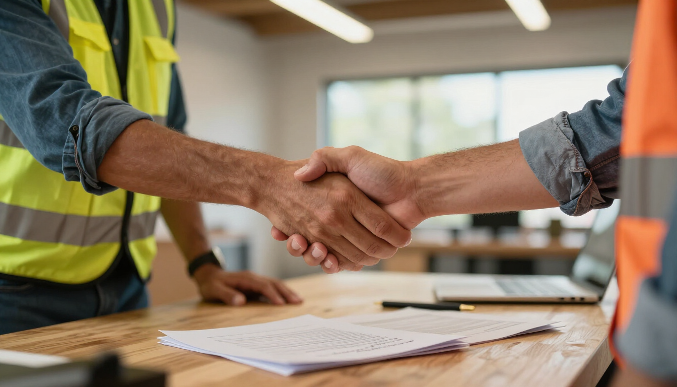 A general contractor and subcontractor shaking hands over signed payment paperwork