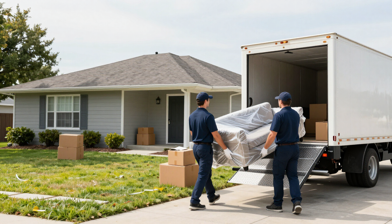 Two local movers carrying a wrapped sofa from a suburban home to a moving truck