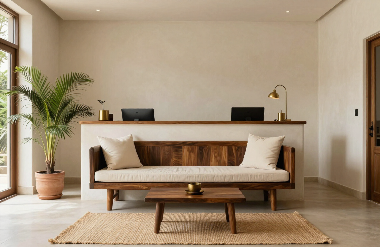 The reception lounge at Almira Spa, Maralal Oasis, Kilimani — warm plaster walls, a timber bench and soft morning light
