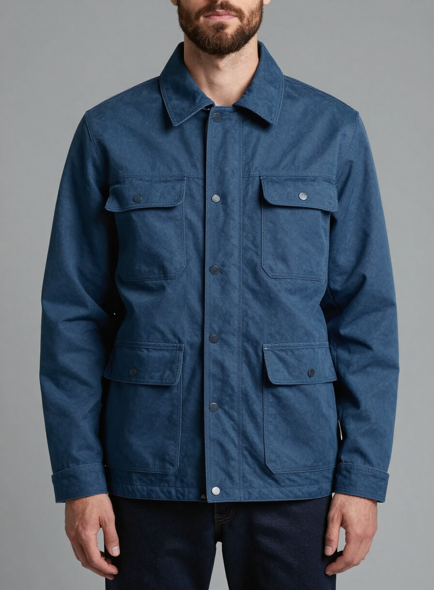 Model wearing the washed indigo Rigger Field Jacket
