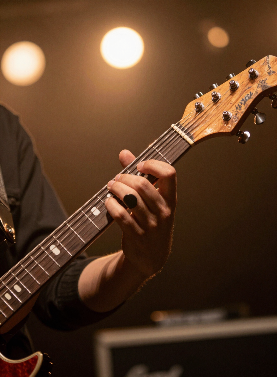 Close-up of a guitarist's hands on a worn guitar neck with amber stage bokeh