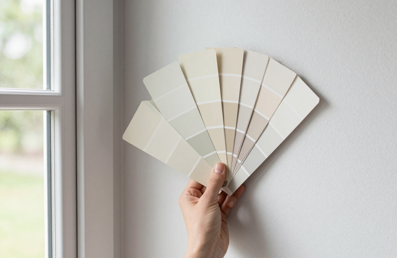 Paint color sample swatches tested on a Wood-Ridge NJ home wall near a window with natural light