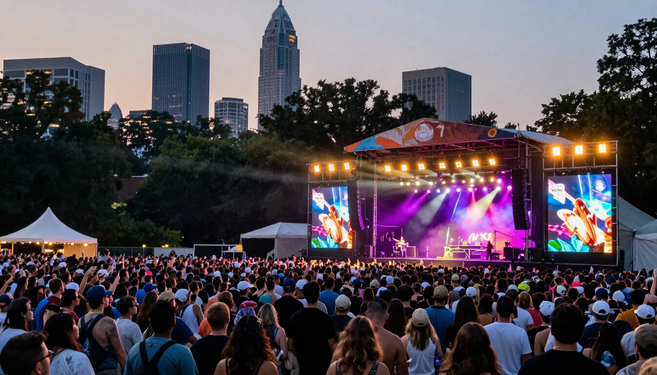 Crowd at Shaky Knees music festival in Atlanta with city skyline behind the main stage