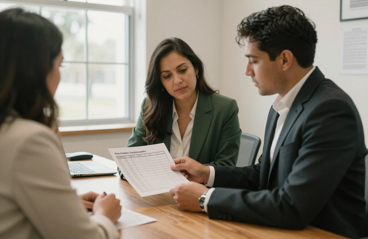 A business owner and an HR coordinator reviewing a printed staffing plan and interview schedule across a desk