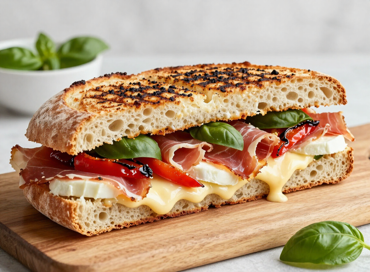 Grilled Italian panini sandwich with prosciutto, mozzarella and roasted peppers on ciabatta