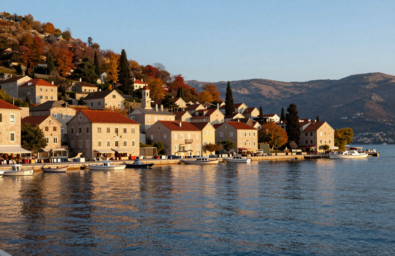 Autumn coastal town on the Mediterranean at golden hour, stone buildings along a calm harbour