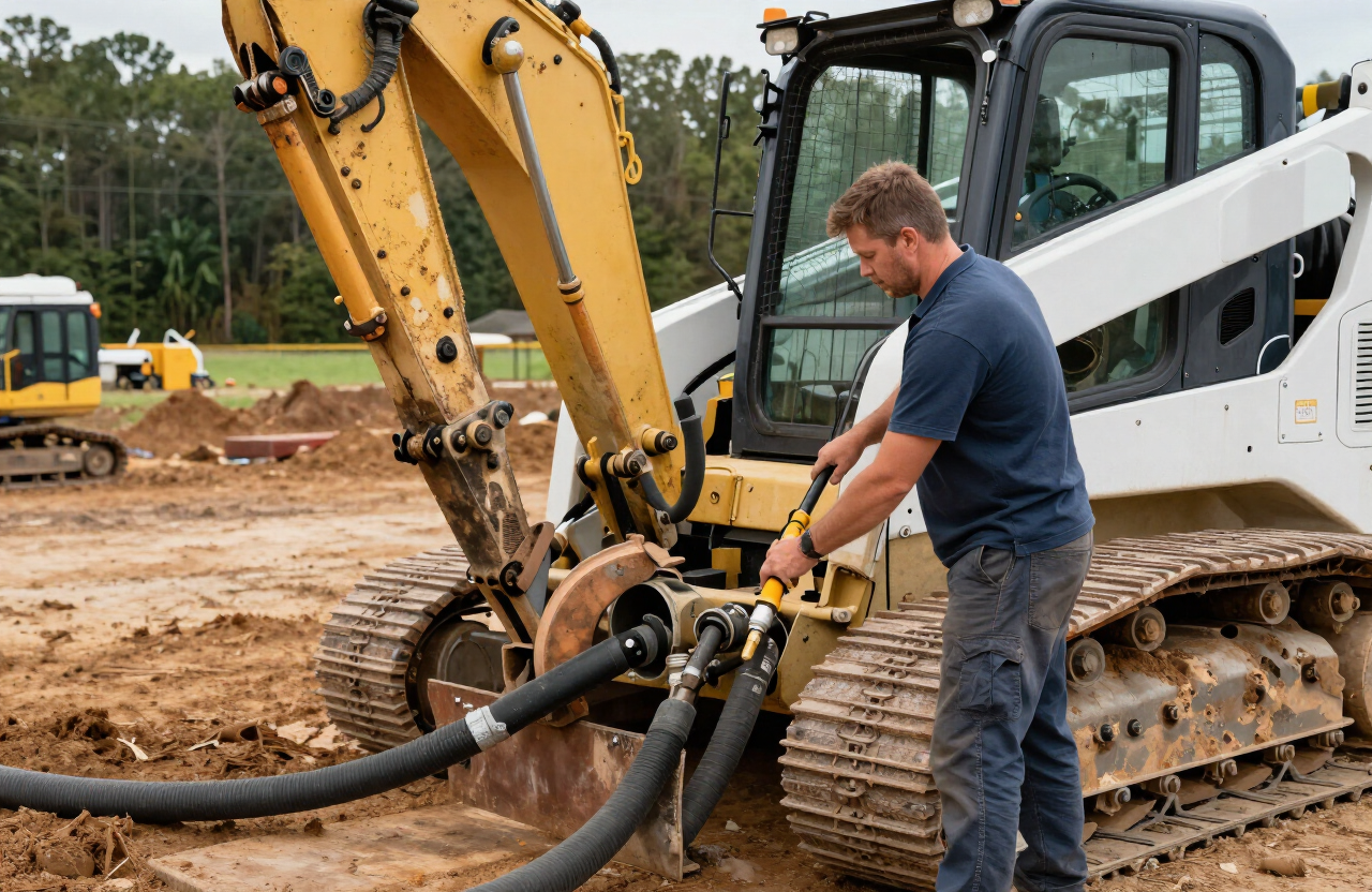 Mobile mechanic repairing hydraulic hoses on a skid steer at a job site