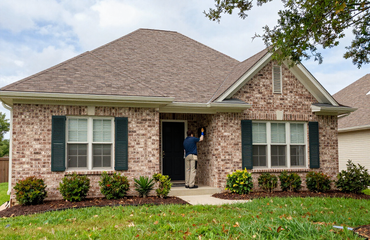 Houston-area residential single-family home exterior with mature landscaping where raccoon inspection and exclusion service may be needed