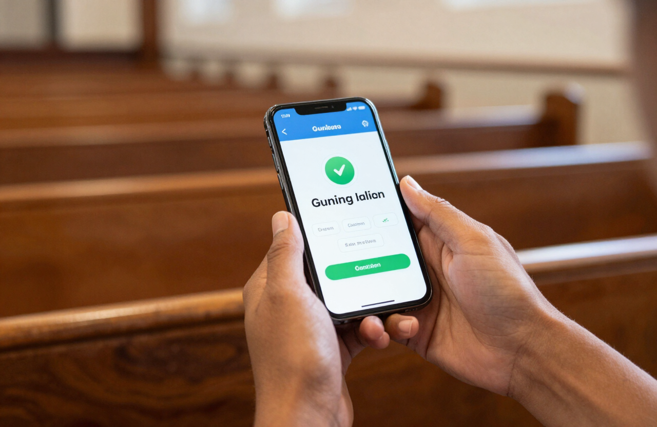 Person holding a phone showing a completed donation screen in a church pew