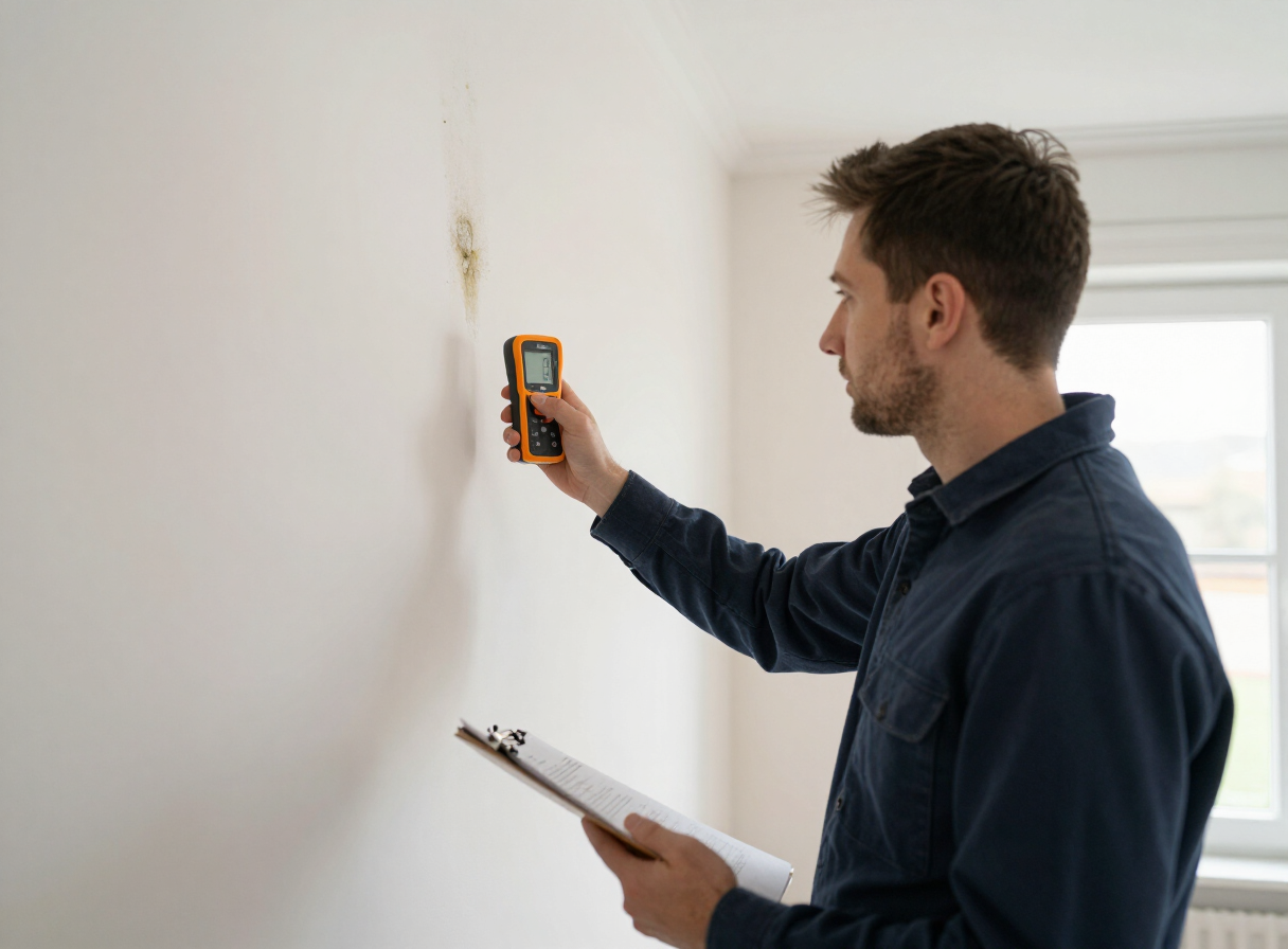 Surveyor taking a moisture reading on a living room wall