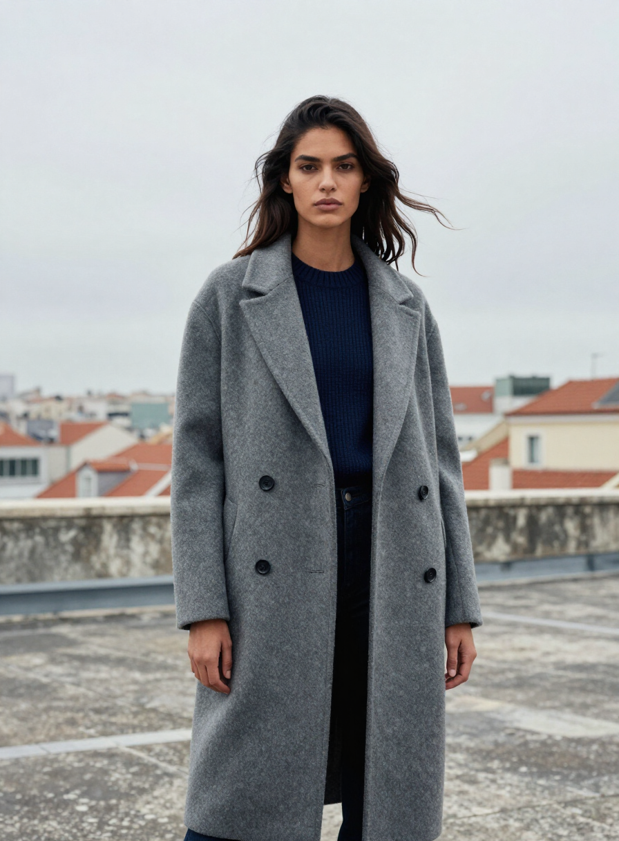 Model on a Lisbon rooftop wearing a slate-gray Rope Garments wool overcoat over a navy knit
