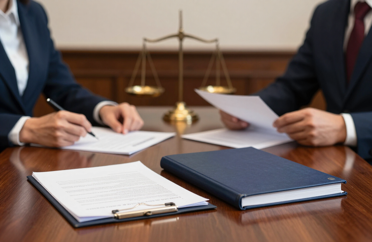 Translated contracts and a legal brief in a London solicitor's meeting room