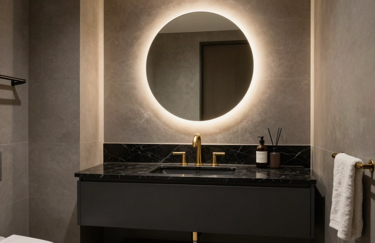 Charcoal & Brass Floating — Bathroom Vanity by HS Kitchens Studio, Manhattan, NY