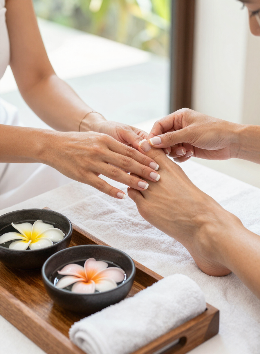 Manicure and pedicure scene with fresh polish, flower water and white towels in a bright Bali villa